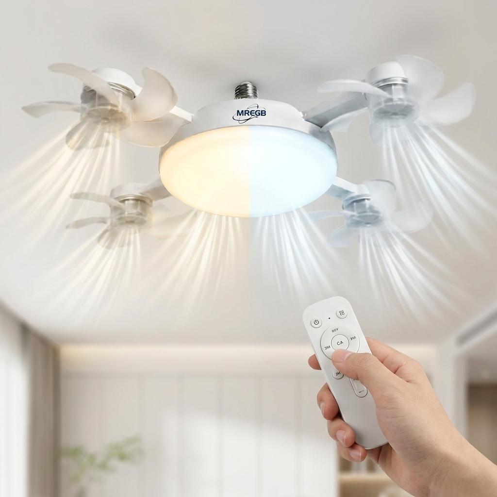 2026 New E27 Socket Ceiling Fan Light - 2-in-1 Silent LED Fan with Remote Control, Energy-Saving Cooling & Lighting Combo for Home Bedroom