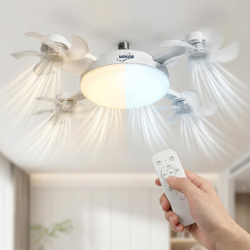 2026 New E27 Socket Ceiling Fan with LED Light, 2-in-1 Silent Remote Control Cooling Fan for Bedroom