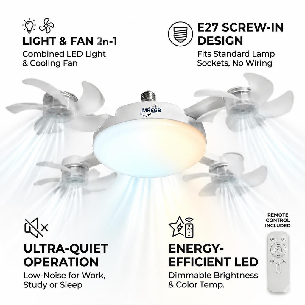2026 New E27 Socket Ceiling Fan Light - 2-in-1 Silent LED Fan with Remote Control, Energy-Saving Cooling & Lighting Combo for Home Bedroom
