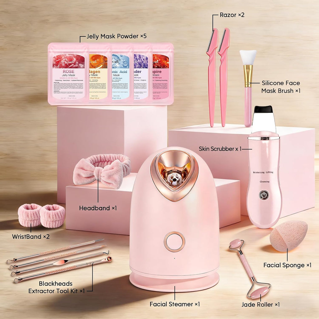 Nano Ionic Facial Steamer Spa Kit with Skin Scrubber and 8-Piece Skincare Tool Set